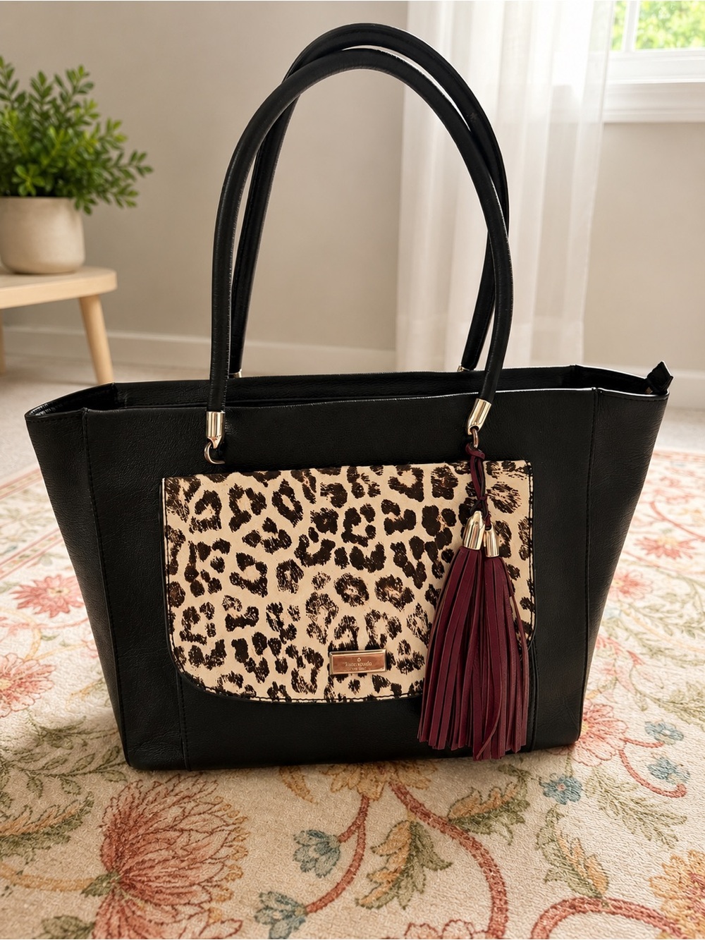 kate spade Black Tote with Leopard Pocket and Burgundy Tassel